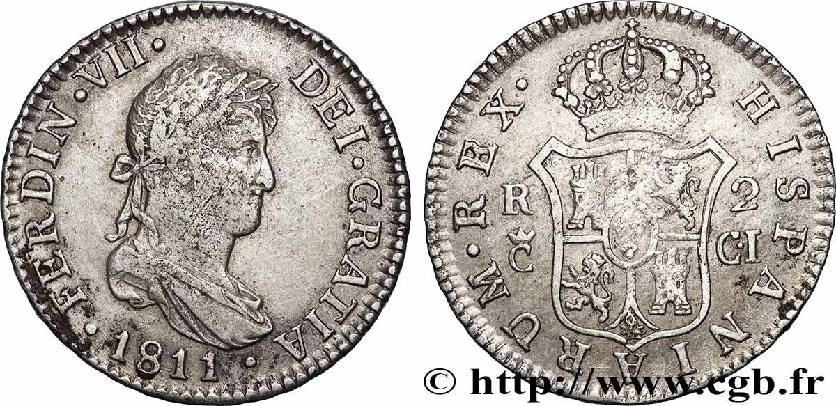 SPAIN - KINGDOM OF SPAIN - FERDINAND VII 2 Reales 1811 Cadix VF 
