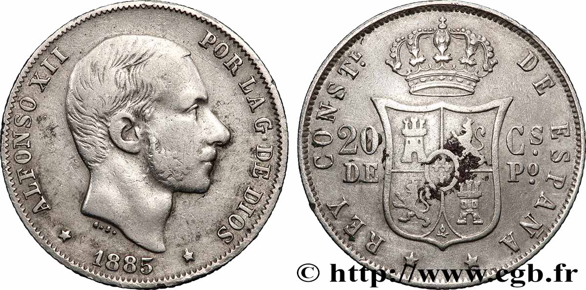 PHILIPPINES 20 Centimos de Peso Alphonse XII 1885 Manille TTB 