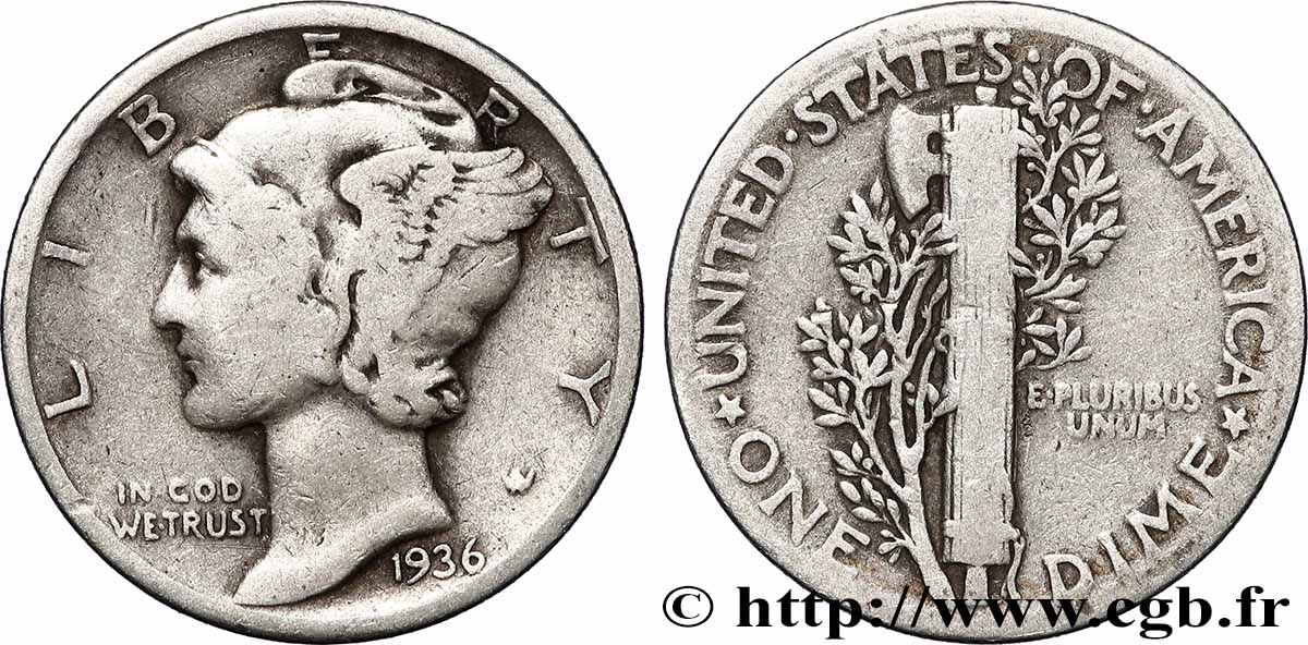 ÉTATS-UNIS D&nbsp;AMÉRIQUE 1 Dime Mercury 1936 Philadelphie TB+ 