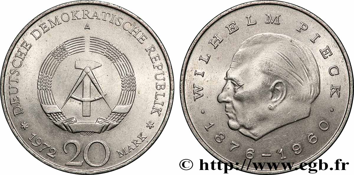 ALLEMAGNE RÉPUBLIQUE DÉMOCRATIQUE 20 Mark Wilhelm Pieck 1972  SUP 