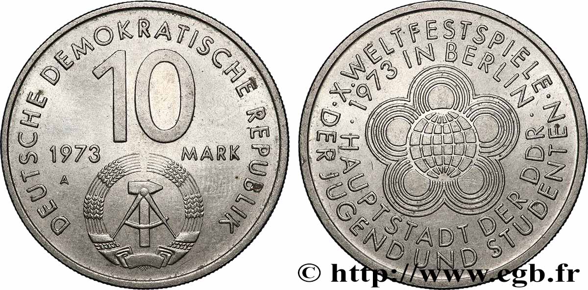 DEUTSCHE DEMOKRATISCHE REPUBLIK 10 Mark 10e Festival mondial de la jeunesse et des étudiants 1973 Berlin VZ 