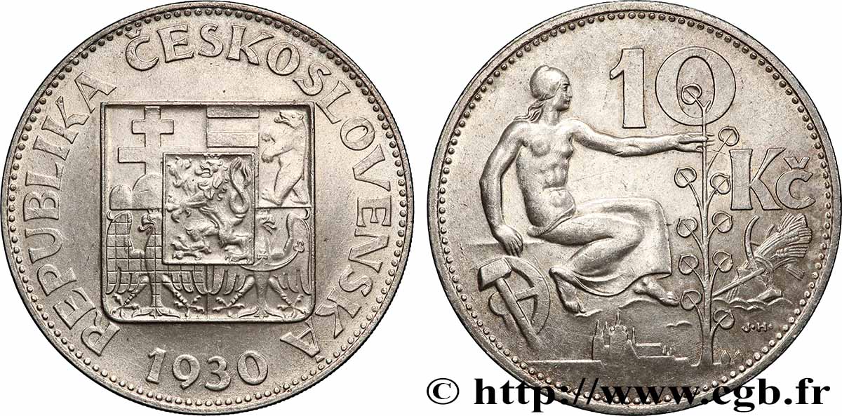 TCHÉCOSLOVAQUIE 10 Korun alégorie du travail 1930  TTB+ 