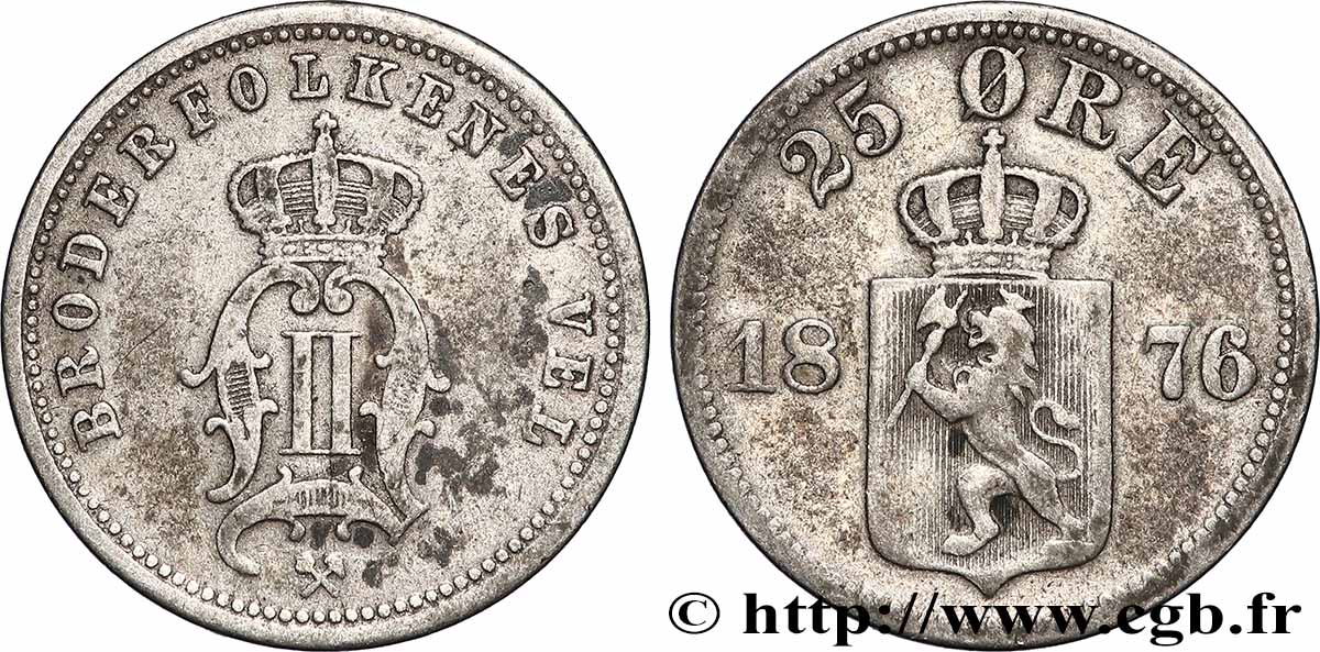 NORWEGEN 25 Ore Oscar II de Suède et de Norvège 1876 Kongsberg fSS 