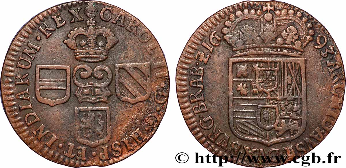SPANISH NETHERLANDS - DUCHY OF BRABANT - CHARLES II OF SPAIN Liard 1693 Bruxelles XF 