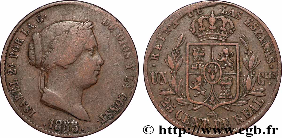 SPAIN 25 Centimos de Real (Cuartillo) Isabelle II / écu couronné 1855 Ségovie VF/XF 