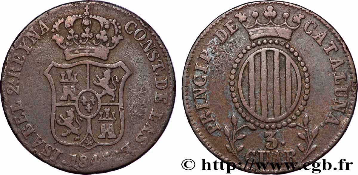SPAIN - CATALONIA 3 Quartos frappe au nom d’Isabelle II / écu de Catalogne 1845 Catalogne XF 