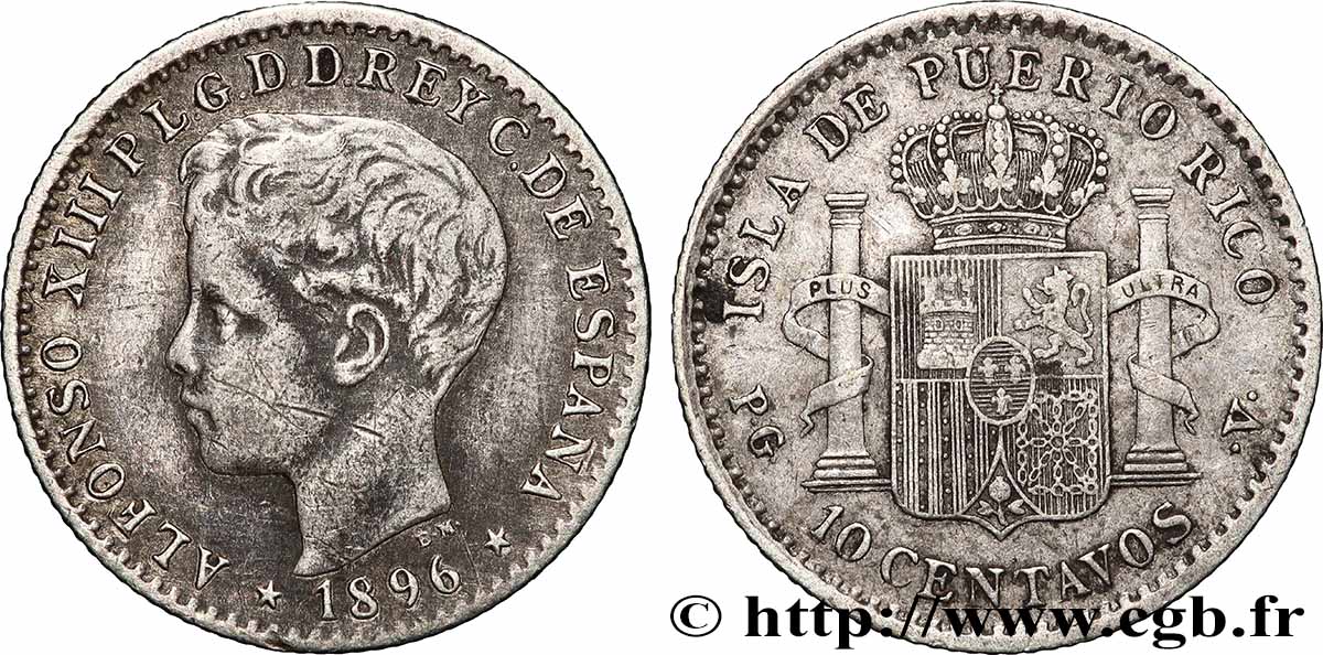 PORTO RICO 10 Centavos 1896 Madrid TTB 