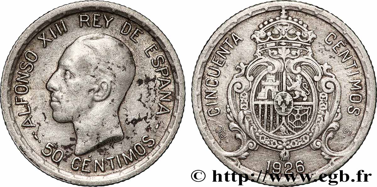 SPAIN 50 Centimos Alphonse XIII  1926 Madrid XF 
