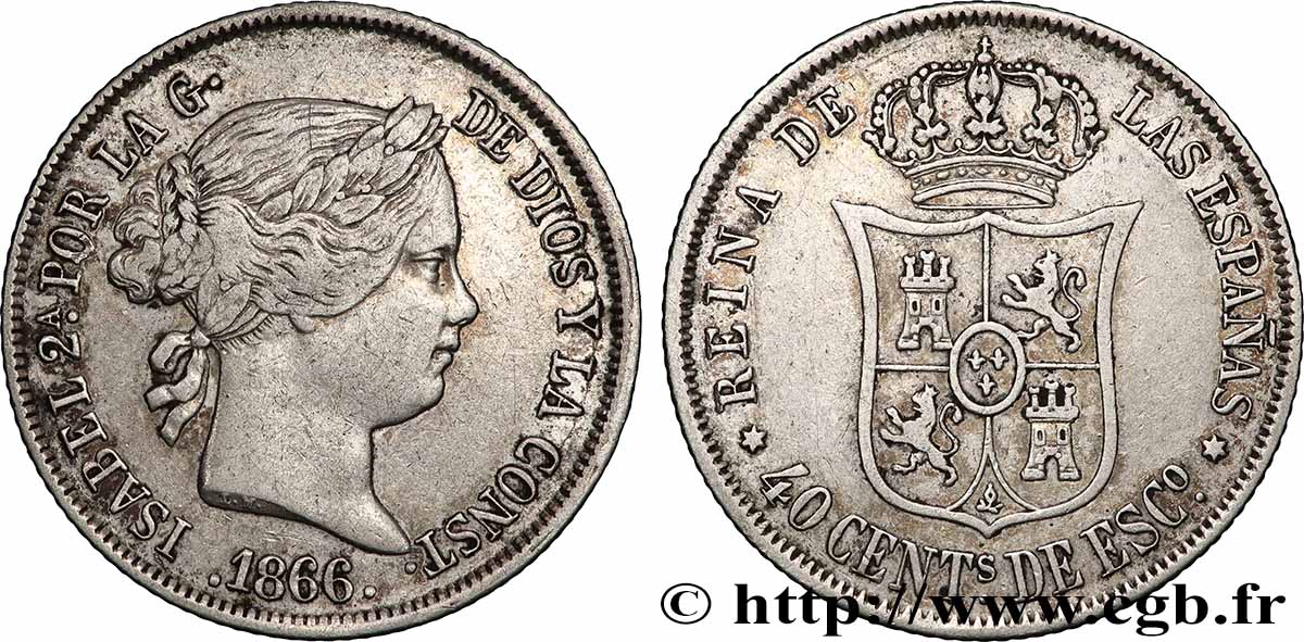SPAIN 40 Centimos Isabelle II 1866 Madrid XF 