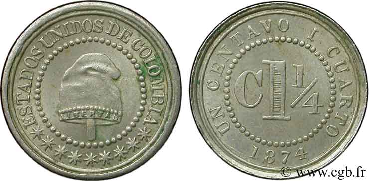 COLOMBIA 1 1/4 Centavos bonnet phrygien 1874  EBC 