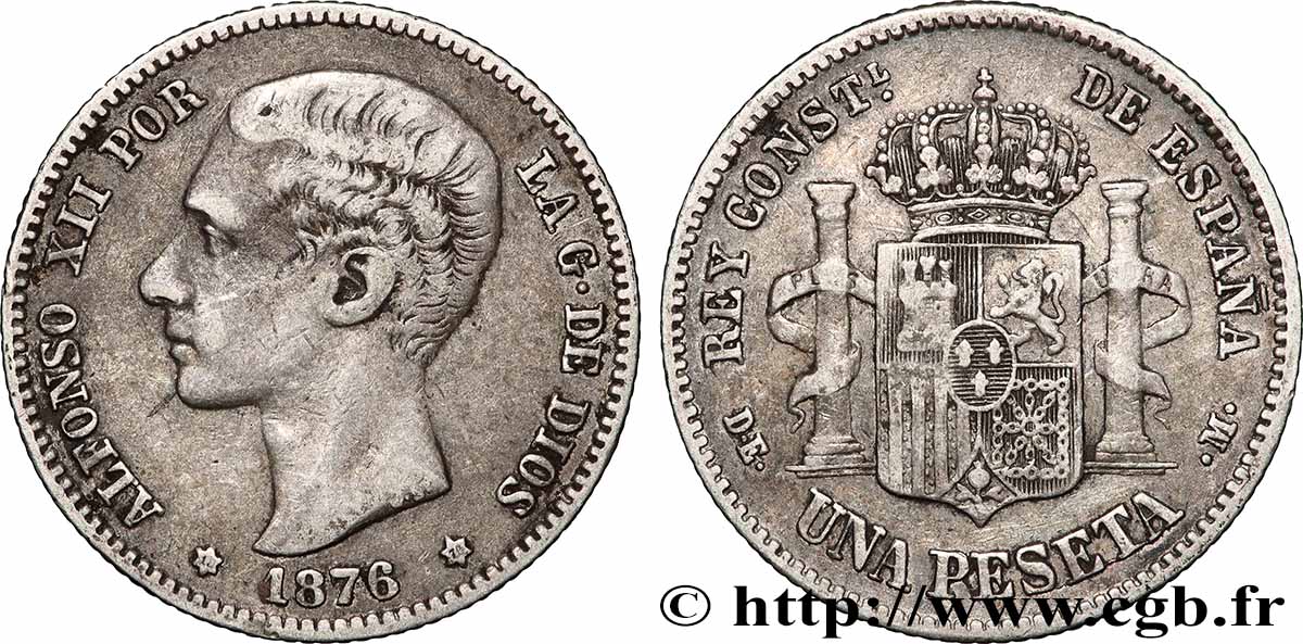 SPAIN 1 Peseta Alphonse XII 1876 Madrid XF 