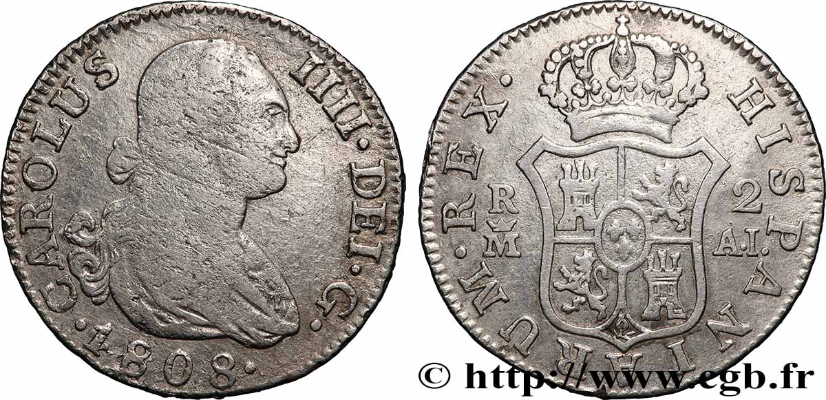 SPAIN - KINGDOM OF SPAIN - CHARLES IV 2 Reales 1808 Madrid VF/VF 