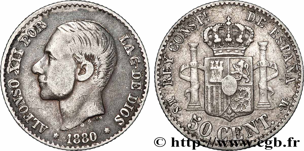 ESPAGNE 50 Centimos Alphonse XII 1880 Madrid TTB 