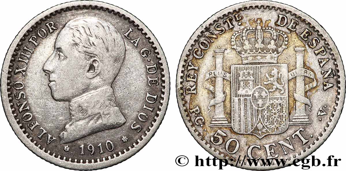 ESPAGNE 50 Centimos Alphonse XIII 1910 Madrid TTB 