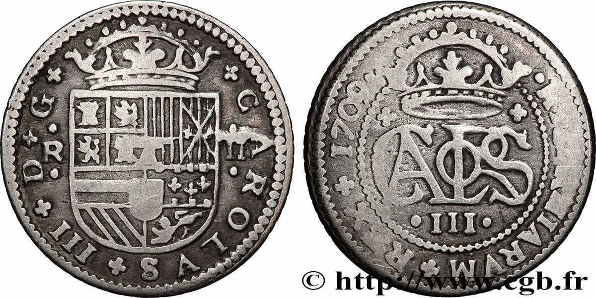 ESPAGNE 2 Reales Charles III 1709 Barcelone TTB 