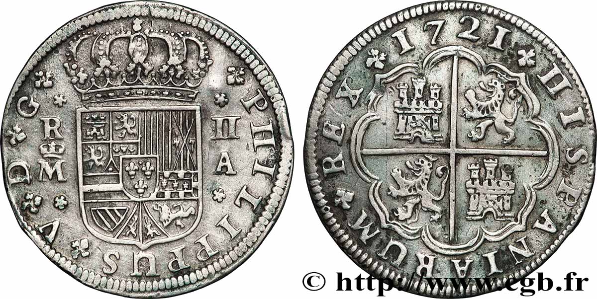 SPAIN - KINGDOM OF SPAIN - PHILIP V OF BOURBON 2 Reales  1721 Madrid XF 