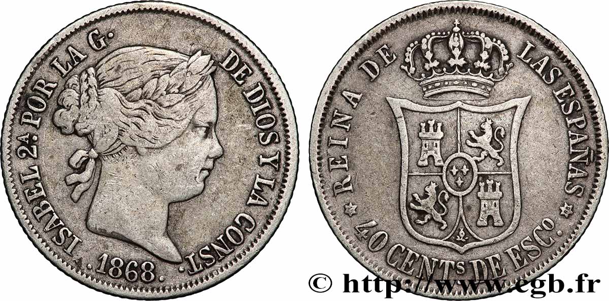 ESPAGNE 40 Centimos Isabelle II  1868 Madrid TTB 