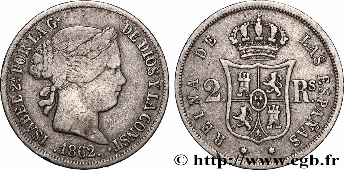 ESPAGNE 2 Reales Isabelle II  1862 Barcelone TB+ 