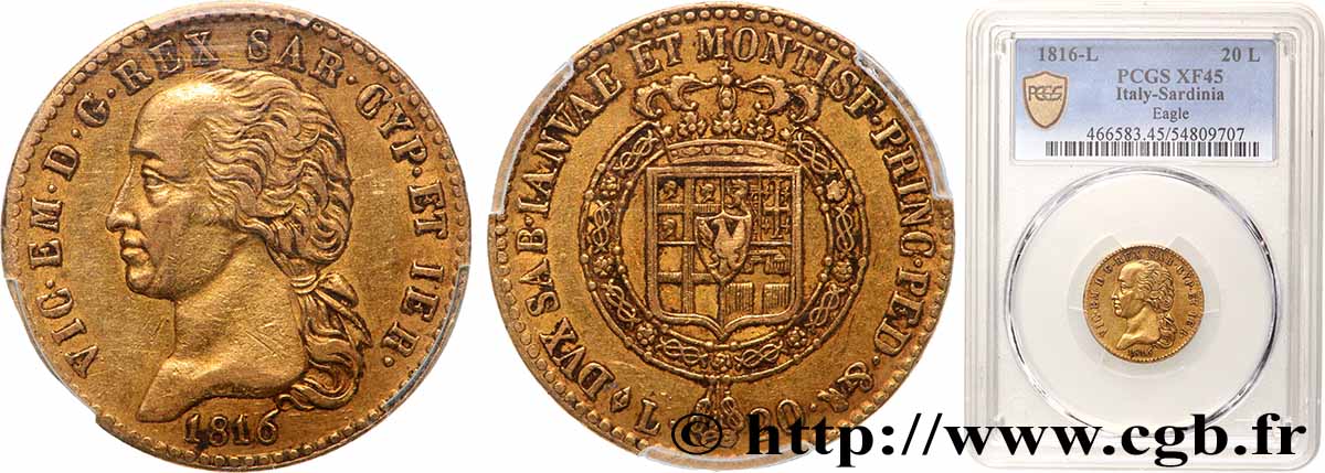 ITALIE - ROYAUME DE SARDAIGNE - VICTOR-EMMANUEL Ier 20 Lire 1816 Turin TTB PCGS
