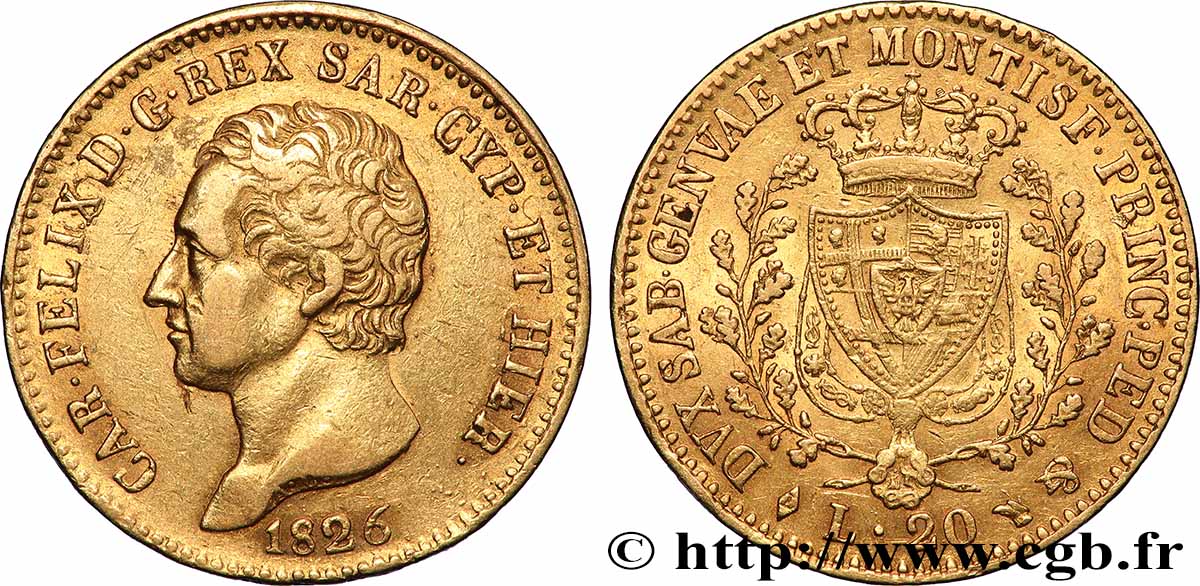 ITALIE - ROYAUME DE SARDAIGNE - CHARLES-FÉLIX 20 Lire  1826 Turin TTB+ 