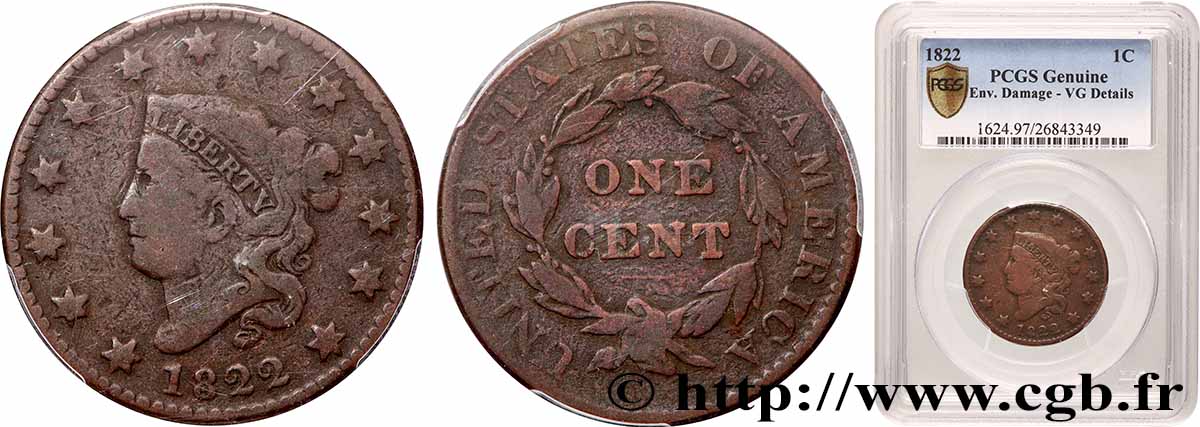 ÉTATS-UNIS D&nbsp;AMÉRIQUE 1 Cent “Matron Head”  1822 Philadelphie TB PCGS