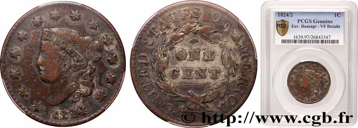 ÉTATS-UNIS D&nbsp;AMÉRIQUE 1 Cent “Matron Head”  1824 Philadelphie TB PCGS