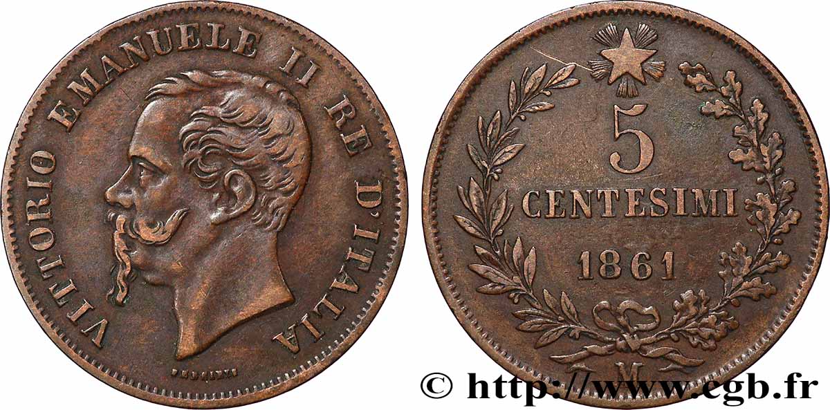 ITALIE 5 Centesimi Royaume d’Italie Victor Emmanuel II 1861 Milan - M TTB+ 