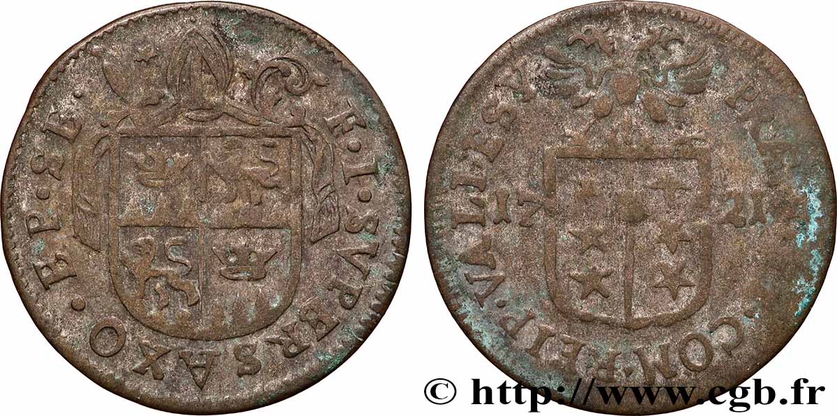 SUISSE - CANTON DU VALAIS 1/2 Batzen canton du Valais (Sitten) frappe au nom de l’évêque François-Joseph Supersaxo 1721  TB 