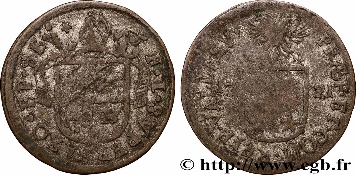 SWITZERLAND - CANTON OF VALAIS 1/2 Batzen canton du Valais (Sitten) frappe au nom de l’évêque François-Joseph Supersaxo 1721  VF 