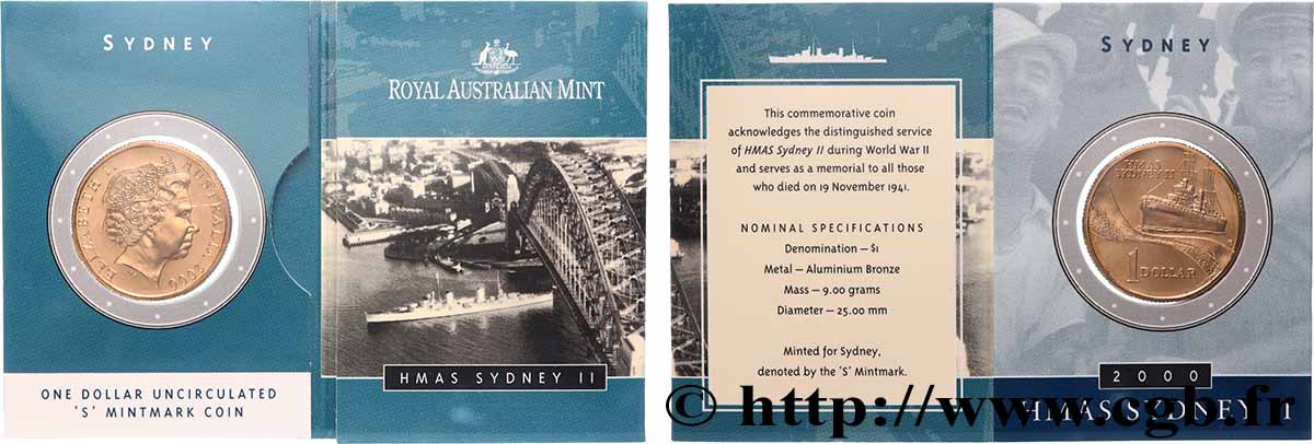 AUSTRALIE 1 Dollar Navire HMAS Sydney II 2000 Sydney FDC 