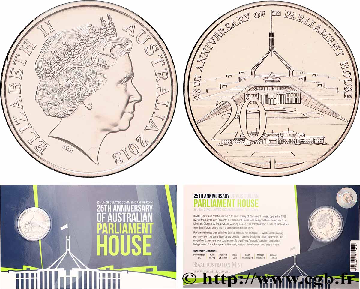 AUSTRALIE 20 Cents 25e anniversaire de nouveau bâtiment du parlement 2013 Canberra FDC 