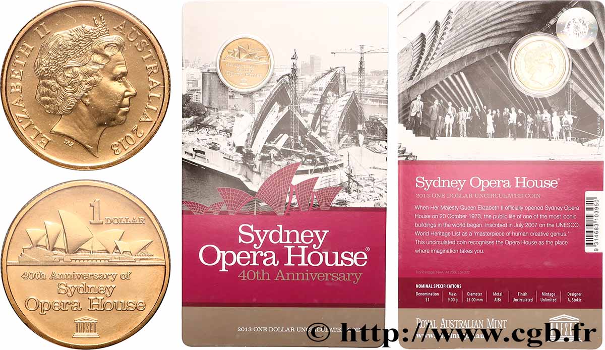 AUSTRALIA 1 Dollar 40e anniversaire de l&nbsp;Opéra de Sydney 2013 Canberra MS 