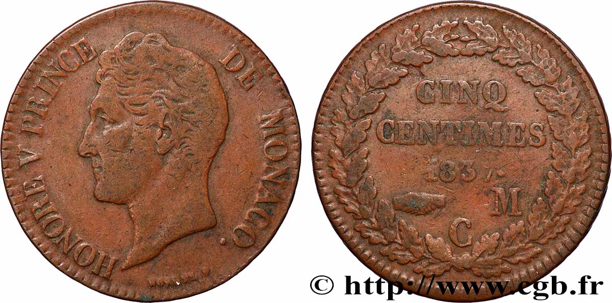 MONACO 5 Centimes Honoré V grosse tête en cuivre rouge 1837 Monaco VF 