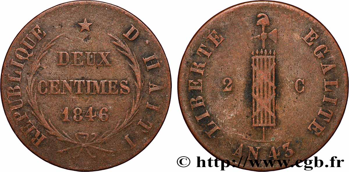 HAITI 2 Centimes faisceau, an 43 1846  q.BB 