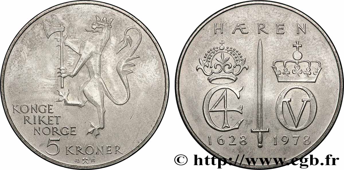NORWAY 5 Kroner 350e anniversaire de l&nbsp;armée norvégienne 1978 Kongsberg AU 