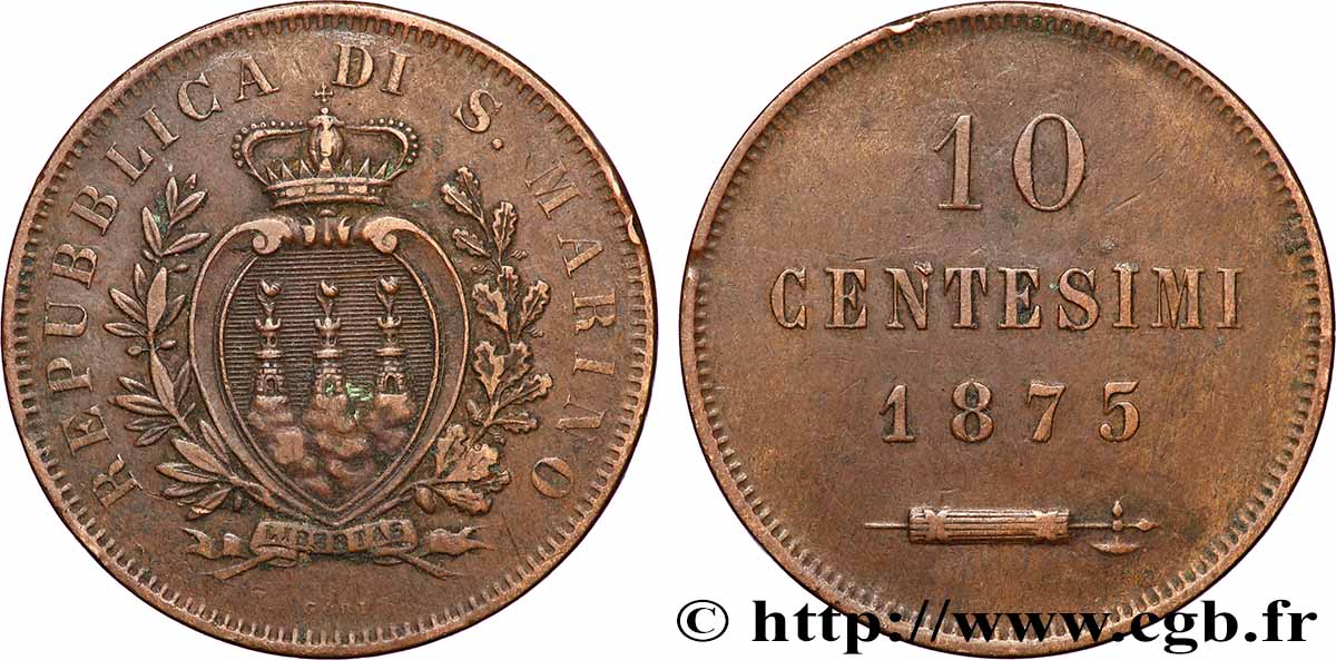 SAINT-MARIN 10 Centesimi écu aux trois tours 1875 Milan TTB 