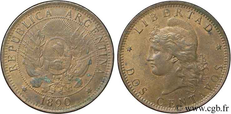 ARGENTINA 2 Centavos emblème / “Liberté” 1890  SC 