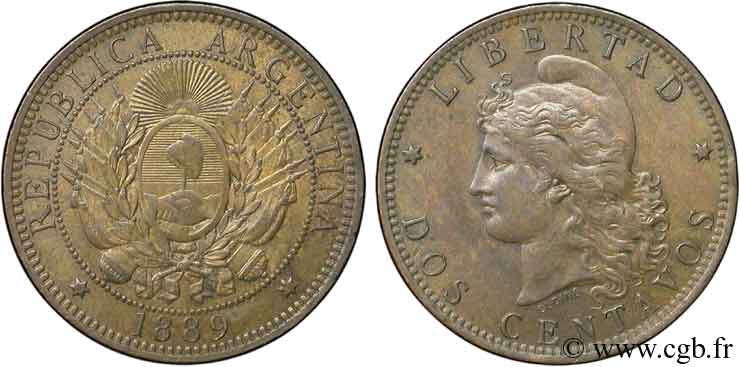 ARGENTINA 2 Centavos emblème / “Liberté” 1889  SC 