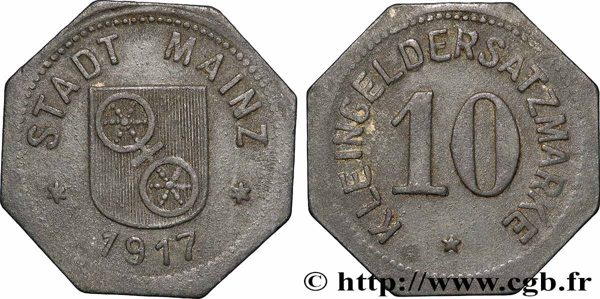 ALLEMAGNE - Notgeld 10 Pfennig ville de Mayence (Mainz) 1917  TTB 