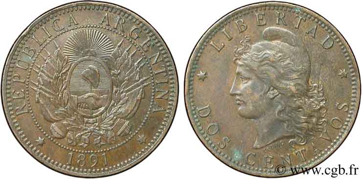 ARGENTINIEN 2 Centavos emblème / “Liberté” 1891  VZ 