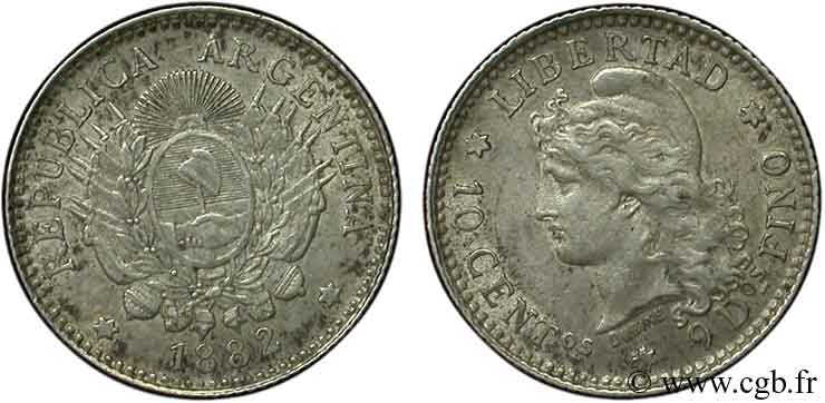 ARGENTINIEN 10 Centavos emblème / “Liberté” 1882  VZ 