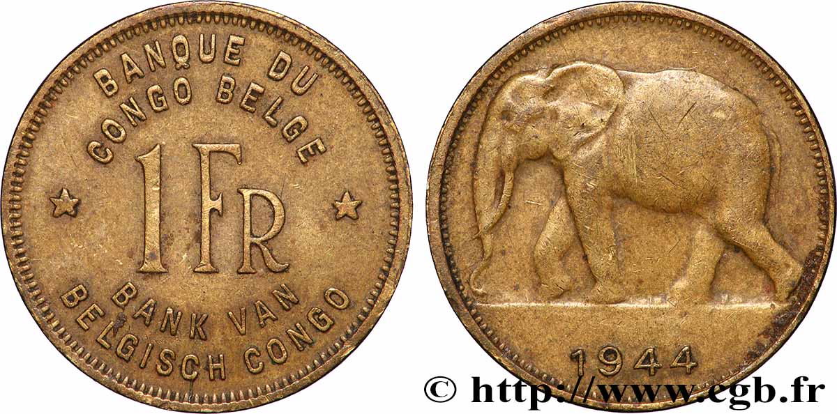 BELGIAN CONGO 1 Franc éléphant 1944  XF 