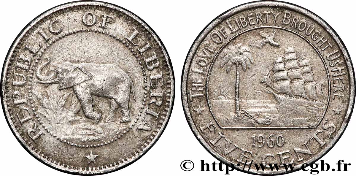 LIBERIA 5 Cents éléphant / emblème au palmier 1960 Philadelphie fVZ 