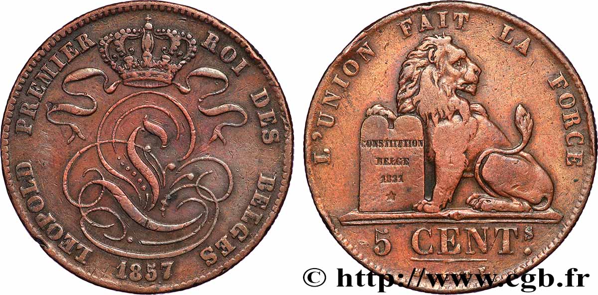 BELGIQUE 5 Centimes Léopold Ier 1857 Bruxelles TTB 