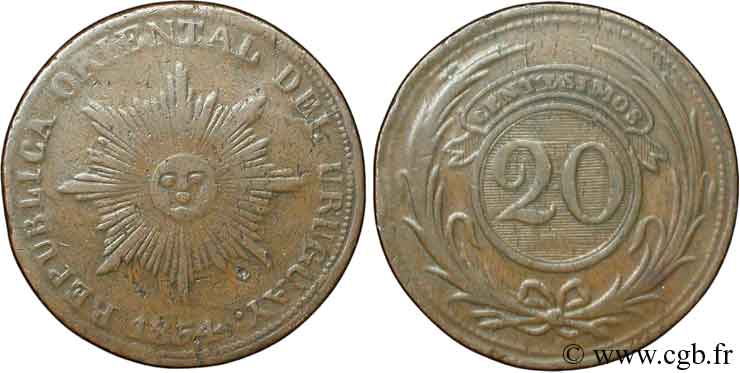 URUGUAY 20 Centesimos 1854  VF 