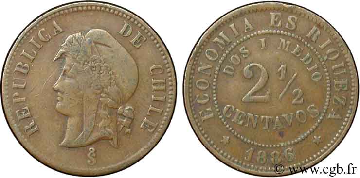 CHILE
 2 1/2 Centavos 1886 Santiago - S° SS 
