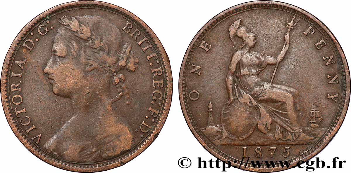 GRANDE BRETAGNE - VICTORIA 1 Penny Victoria “Bun head”  1875 Londres TB+ 