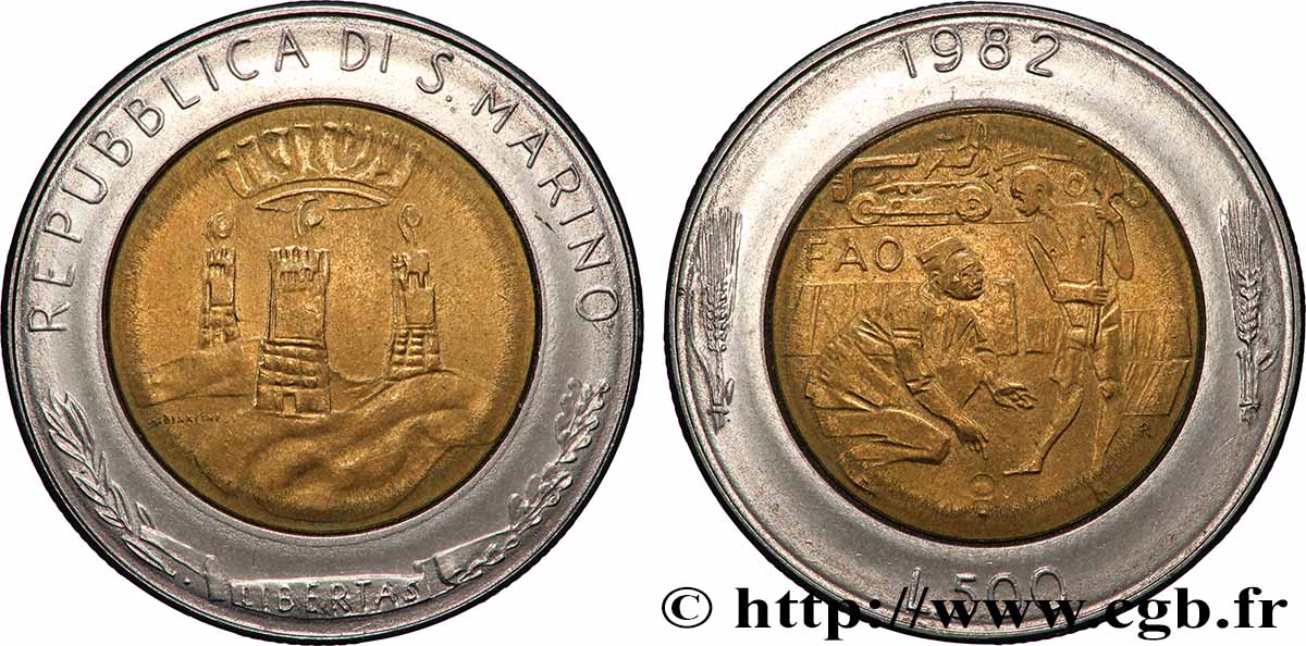 SAINT-MARIN 500 Lire type FAO : les trois tours / scène agricole 1982 Rome - R SUP 