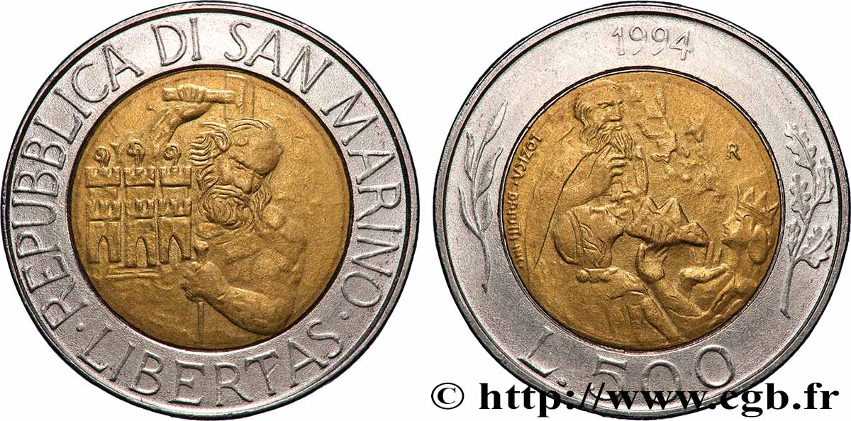 SAINT-MARIN 500 Lire carrier / Saint Marin recevant le mont Titano 1994 Rome - R SUP 