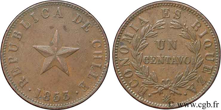 CHILE 1 Centavo 1853  XF 